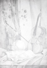 Pencil drawing of a violin and notes