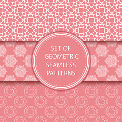 Naklejka premium Compilation of seamless patterns. Oriental ethnic white prints on pink background