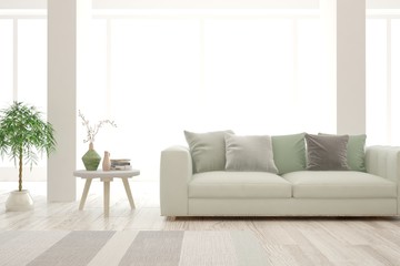 Stylish room in white color with sofa. Scandinavian interior design. 3D illustration