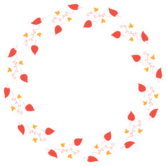 Round frame with horizontal red leaves, decorative elements and little yellow leaves on white background. Isolated wreath for your design.