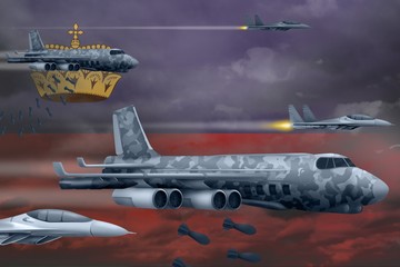 Liechtenstein air forces bombing strike concept. Liechtenstein army air planes drop bombs on flag background. 3d Illustration