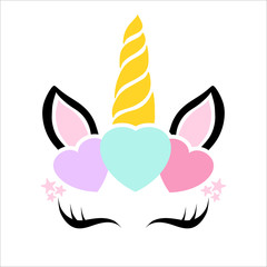 Happy unicorn face vector. Hand drawn style. Birthday decoration theme illustration.