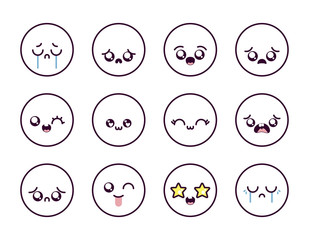 Fototapeta premium Kawaii cartoon face icon set inside circles vector design