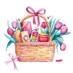 Fototapeta na wymiar Basket gift flowers women's day pasta tea jam sweet watercolor isolated white