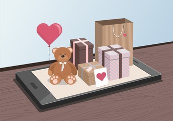 Teddy Bear and clorful gifts on phone. Valentine's day. Isometric Illustration - 317424388