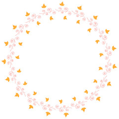 Round frame with horizontal little yellow leaves and decorative elements on white background. Isolated wreath for your design.