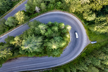 Aerial view of winding road in high mountain pass trough dense green pine woods.