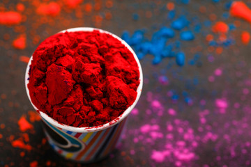 Indian festival holi, colors in plastic cup