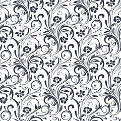 Black filigree floral pattern. Black and white seamless background