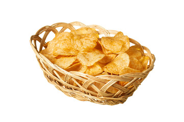 Wooden basket full of spicy fried potato chips isolated on white background without shadow. Close-up