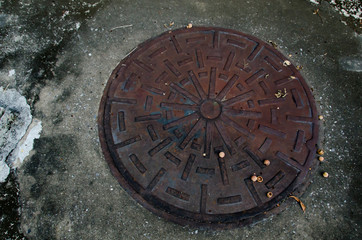 Lid of the septic tank near the building