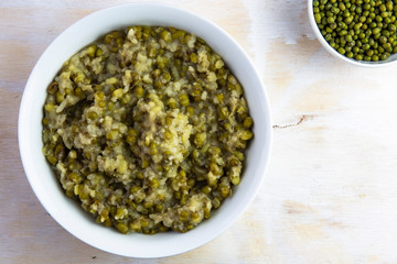 Mung bean with white rice soup which is called Nokdujuk in Korea