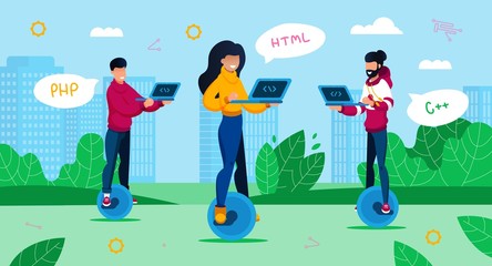 Digital Era Professions, Geek Culture Trendy Flat Vector Concept. Female and Male Programmers, IT Industry Freelancers, Students Using Laptop, Writing Code, Riding Unicycles in City Park Illustration © pavelvinnik