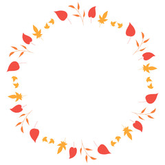 Round frame with cute red leaves,  yellow leaves and orange branches on white background. Isolated wreath for your design.