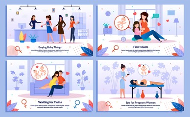 Relationships in Pregnancy, Pregnant Woman Shopping, Healthy Leisure Trendy Flat Vector Banner, Poster Set. Lady Buying Baby Clothing, Talking with Kid, Relaxing in Spa, Waiting Twins Illustration