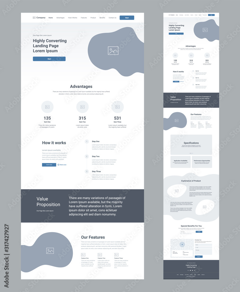 Wall mural landing page wireframe design for business. one page website layout template. modern responsive desi