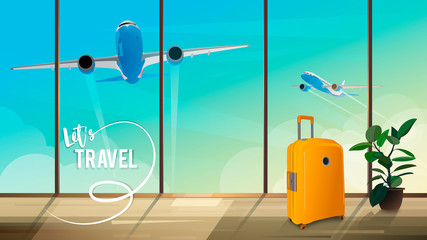 Illustration for travel by airplanes. View from the terminal to take off planes