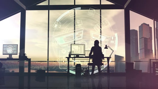 Web developer works at the computer on a background of infographics.