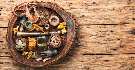 Healing herbs and medicinal bottles