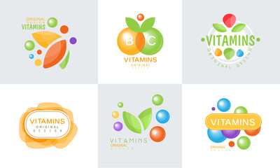 Vitamins Original Design Logo Collection, Healthy Life, Natural Medicine Labels Vector Illustration