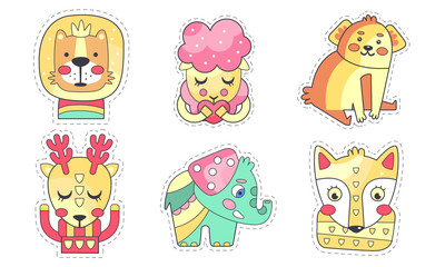 Lovely Different Animals Collection, Cute Colorful Cloth Patches, Embroidery or Applique for Kids Clothing Decoration Vector Illustration