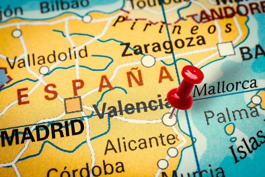 Pushpin pointing at Valencia city in Spain
