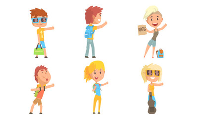 Fototapeta premium Young People Travelling by Autostop Collection, Male and Female Tourists Characters Hitchhiking Vector Illustration