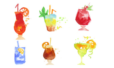 Colorful Cocktails Collection, Summer Alcoholic Drinks Watercolor Hand Drawn Vector Illustration