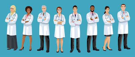 Big set of male and female doctors different nationalities. Men and woman medical staff are standing crossed arms. European, Asian, African American, Arab hospital employees. Isolated vector - 317429568