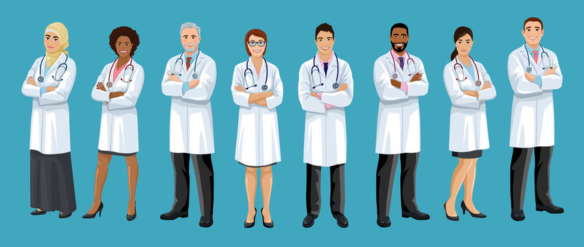 Big set of male and female doctors different nationalities. Men and woman medical staff are standing crossed arms. European, Asian, African American, Arab hospital employees. Isolated vector