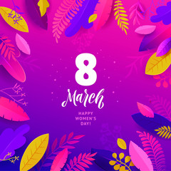 Happy Womens Day. March 8 banner with floral decor. Cut paper with a pattern of spring plants, leaves and flowers. Template for a poster, cards, banner Vector illustration.