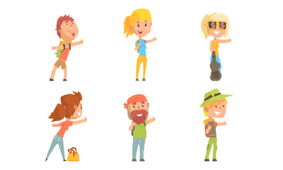 People Travelling by Autostop Collection, Male and Female Tourists Characters Hitchhiking Vector Illustration