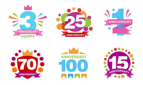 Colorful Anniversary Labels Collection, 3, 25, 1, 70, 100, 15 Years Celebration Badges Vector Illustration