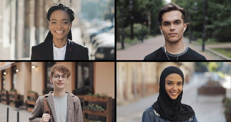 Portrait of multiracial students looking into the camera. Split screen collage of diverse smiling multiracial people. Lifestyle concept.