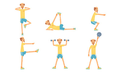 Fototapeta premium Mature Man Doing Morning Exercises Collection, Active Healthy Workout of Aged Person, People Engaged in Sports Vector Illustration