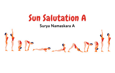 Woman practicing Sun Salutation (Surya Namaskar). Poster infographics design for yoga studio. International Yoga Day greeting cardVector illustration