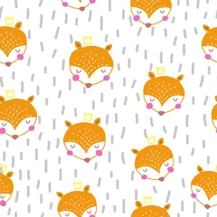 Poster Seamless pattern with cute orange foxes and hand drawn elements in nordic style. Scandinavian style childish pattern for fabric, textile, apparel, nursery decoration, design. Vector illustration © Quils