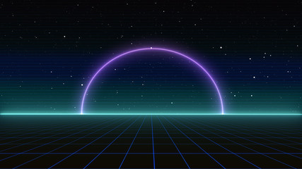 Retro cyberpunk style 80s Sci-Fi Background Futuristic with laser grid landscape. Digital cyber surface style of the 1980`s. 3D illustration