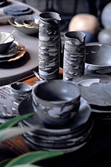 Showcase of handmade ceramic pottery in a art market