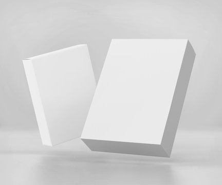Blank white software box Mockup, medium size Cardboard package box, 3d rendering isolated on light gray background, ready for your design