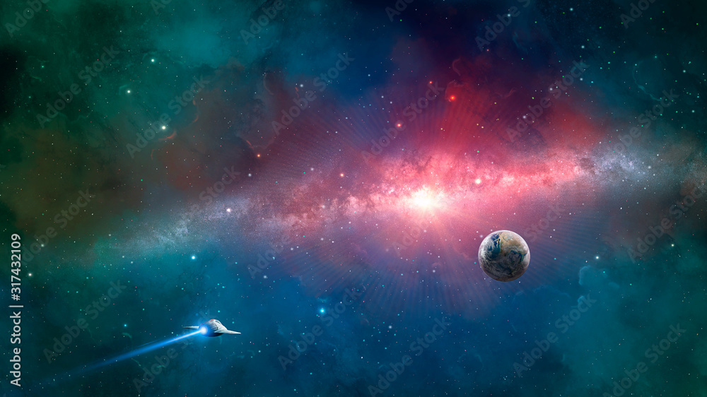 Sticker space scene. spaceship fly to earth planet with milky way in colorful nebula. elements furnished by 