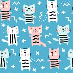 Foto op Plexiglas Katten Naadloos kinderachtig patroon met schattige katten. Handgetekende vectorillustratie