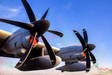 Six Blades Propellers Installed On A Large Multi Engine Military Airplane