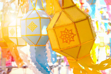 Beautiful Colorful of Lanna Lamp. Paper Lamp in Festival in Northern Thailand.