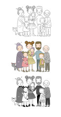 A happy family. Parents with children. Cute cartoon dad, mom, daughter, son and baby. grandmother and grandfather.