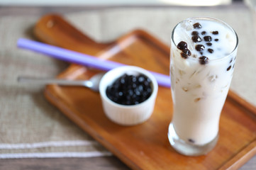 iced milk tea Taiwan style with bubble boba for refill. Fresh drink in coffee shop