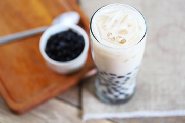 iced milk tea Taiwan style with bubble boba for refill. Fresh drink in coffee shop