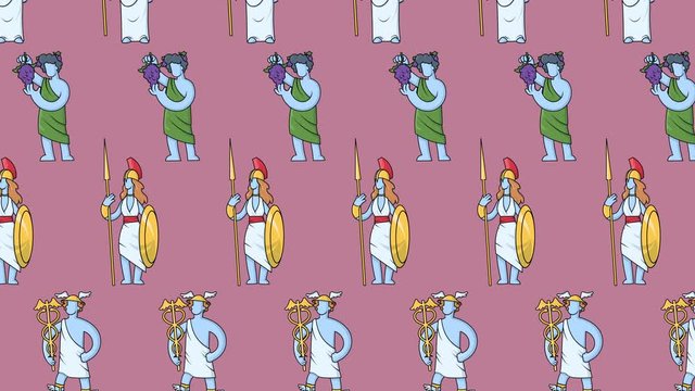 Seamless animated pattern of Ancient Greek gods moving on colorful background. Ancient Greece mythology. Isolated. Looped 4K motion background.