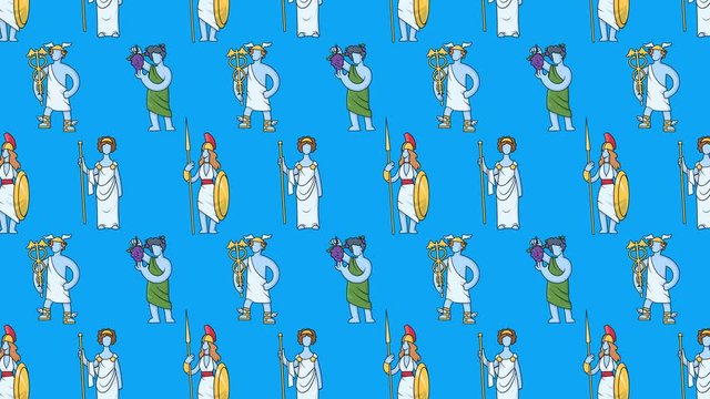 Seamless animated pattern of Ancient Greek gods moving on colorful background. Ancient Greece mythology. Isolated. Looped 4K motion background.