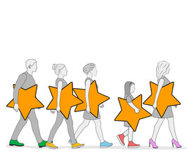 people carry stars. Online pricing concept. evaluation of goods or services. vector illustration.